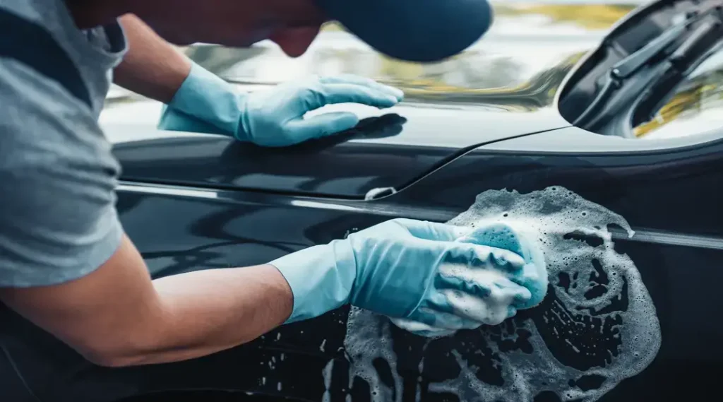 partial view of car cleaner washing car with sponge and detergent